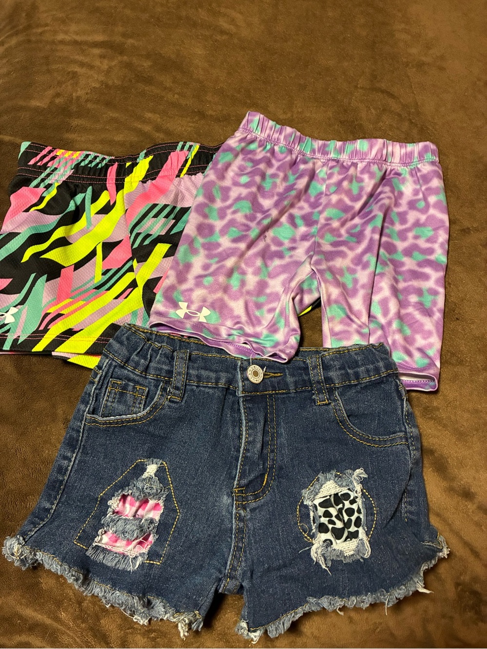3 pair Under Armour Girls' Purple Printed Athletic Shorts denim shorts